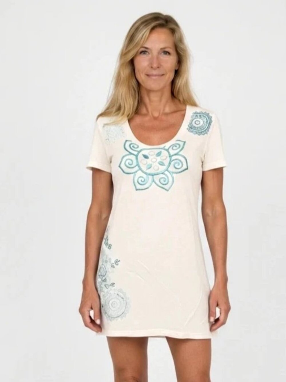 Johnny Was Los Angeles JWLA White Embroidered Turquoise Short Sleeve Top S Small